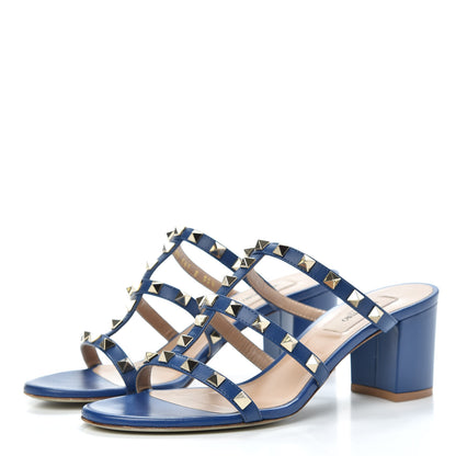 Valentino Garavani Calfskin Rockstud 60mm Caged Slide Sandals 37.5 Blu Delft 3 of 9