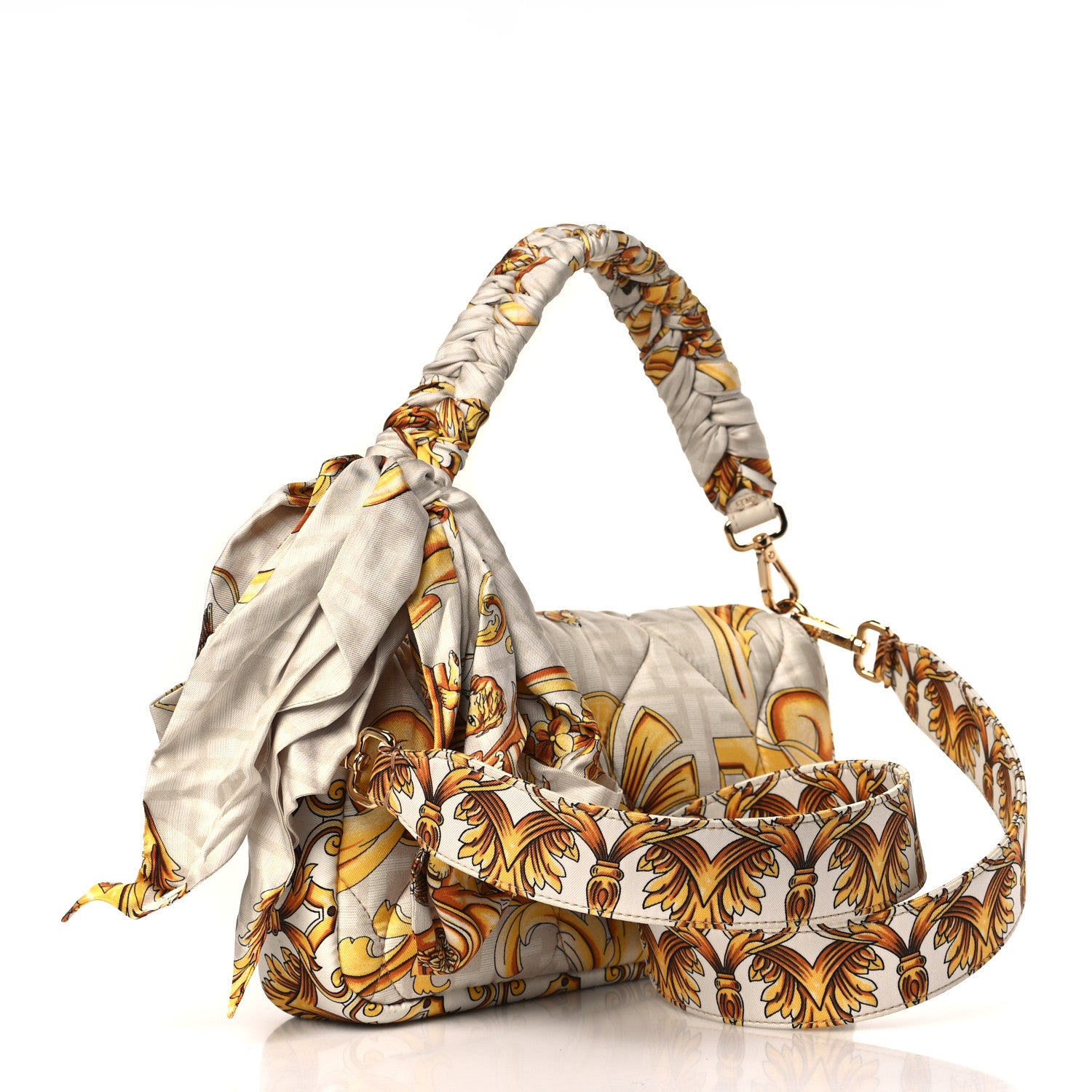 Fendi X VERSACE Silk Fendace FF Baroque Quilted Scarf Baguette White Gold 3 of 9