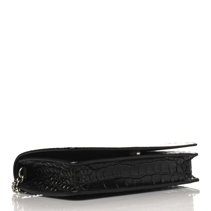 Balenciaga Shiny Calfskin Logo Crocodile Embossed Ville Wallet on Chain Black 3 of 8