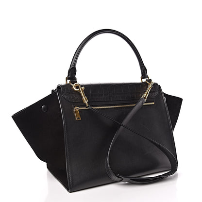 Celine Crocodile Embossed Calfskin Suede Medium Trapeze Black 3 of 9
