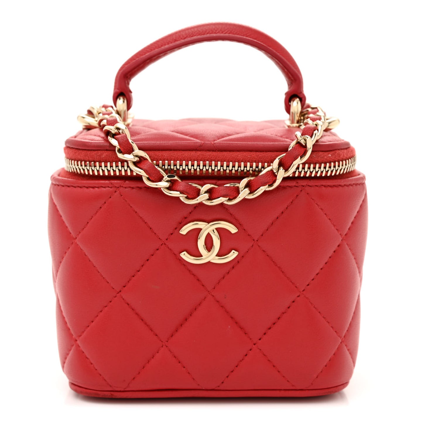 Lambskin Quilted Top Handle Mini Vanity Case With Chain Red