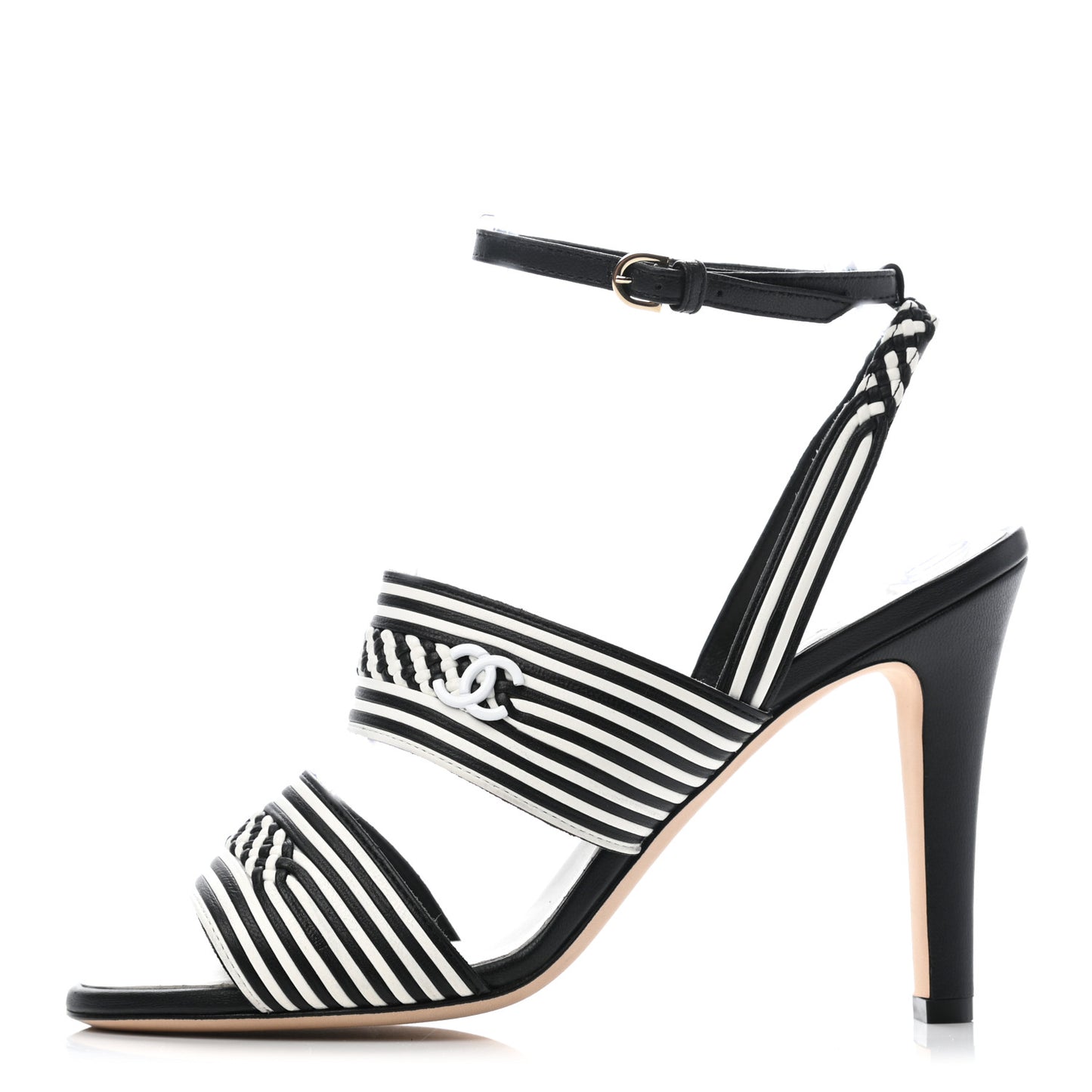Lambskin Braided Striped Sandals 37.5 Black White