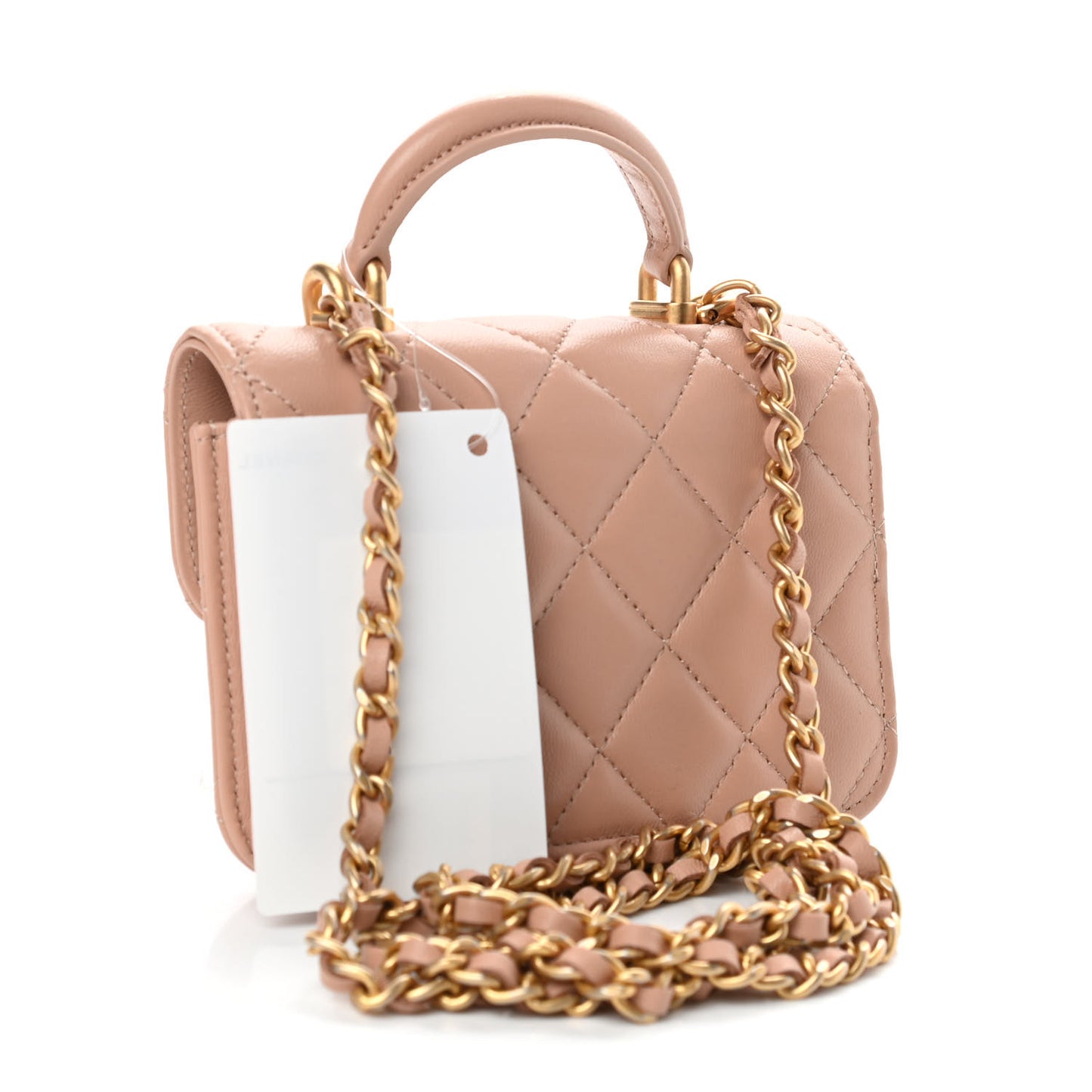 Lambskin Quilted Top Handle Flap Coin Purse With Chain Beige