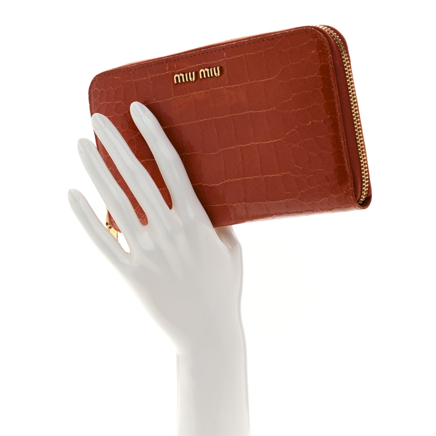 Vernice Crocodile Embossed Calfskin Zip Around Wallet Papaya