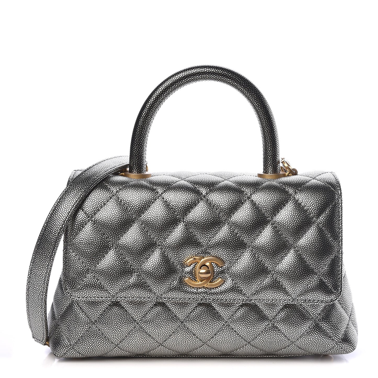 Metallic Caviar Quilted Mini Coco Handle Flap Silver
