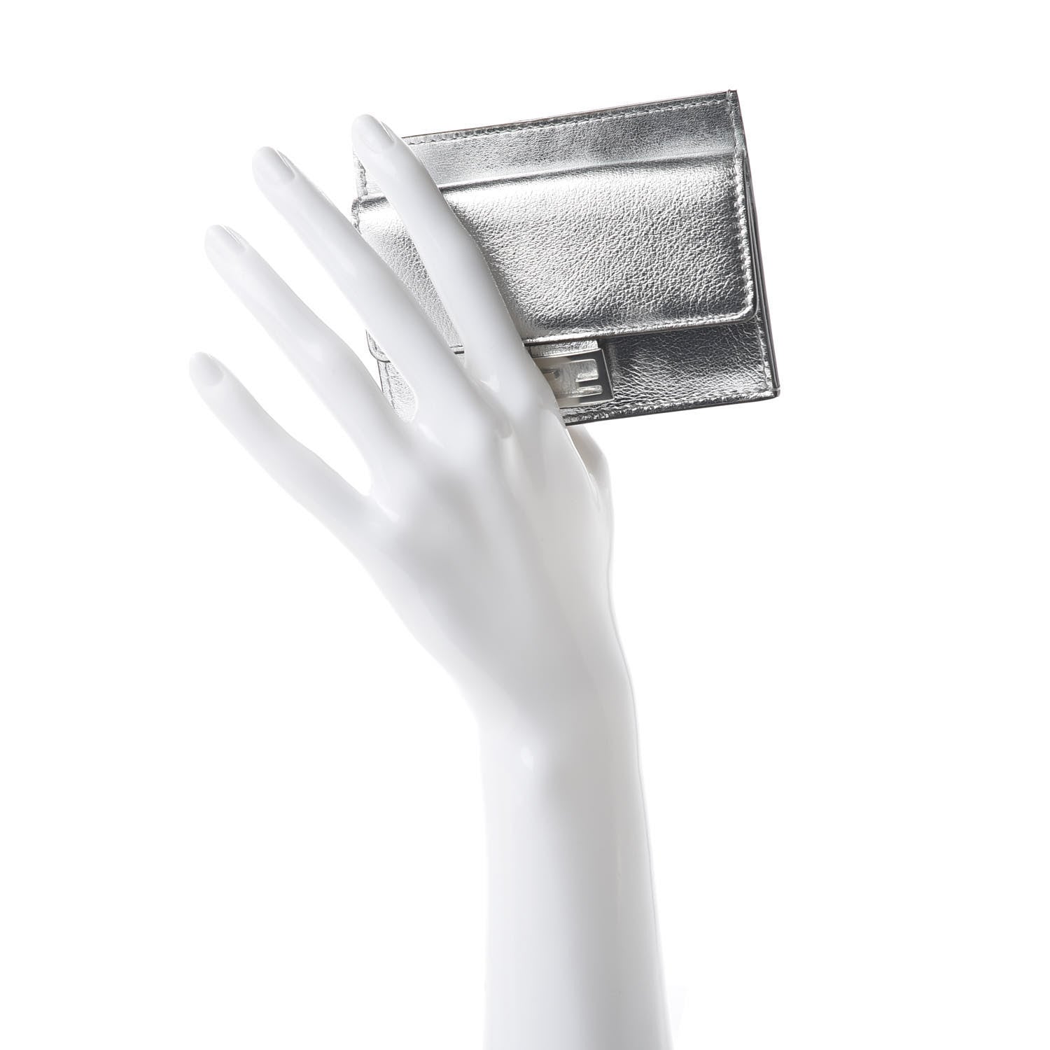 Fendi Vitello Catalan Mirror FF 1974 Embossed Fold Over Card Holder Wallet Argento 2 of 11