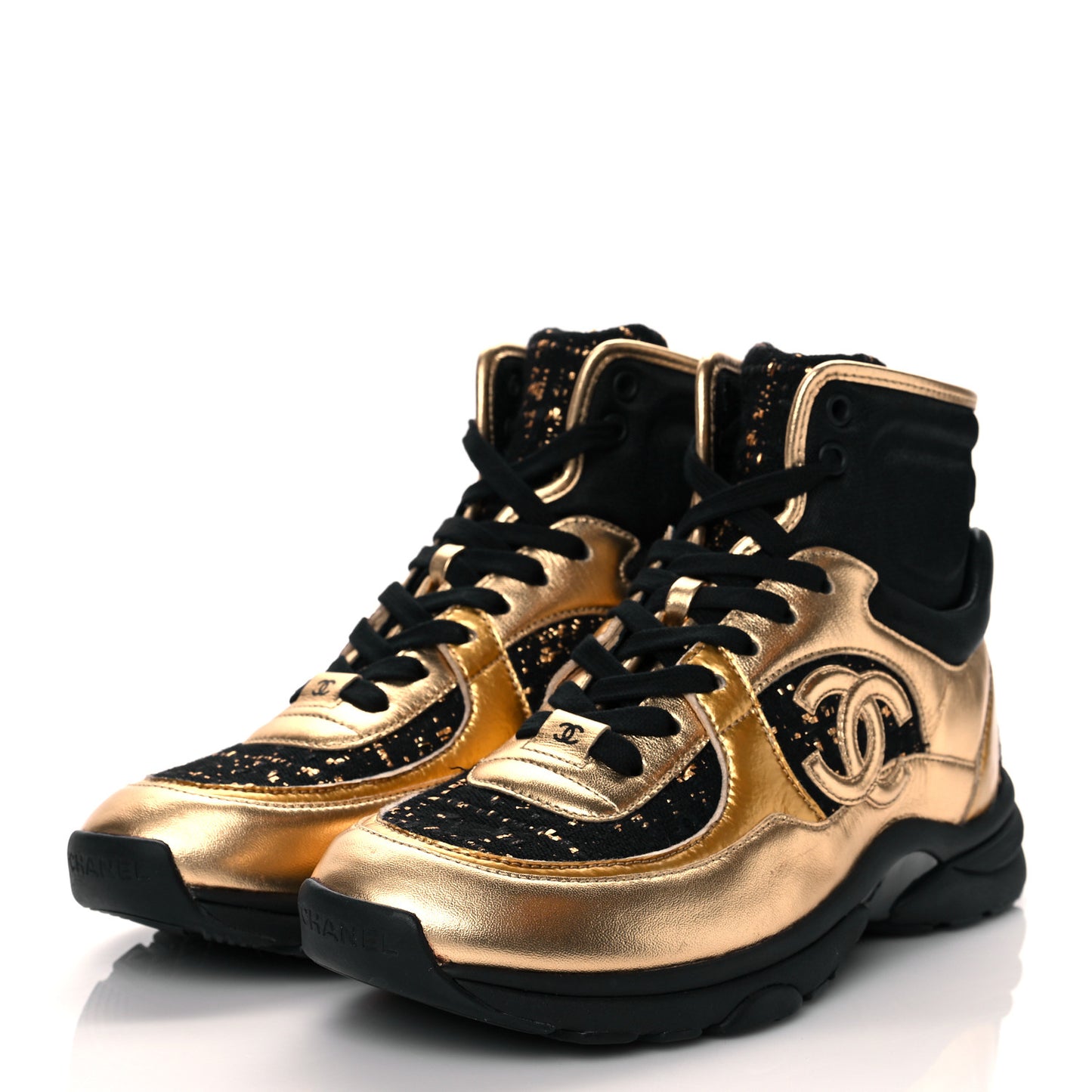 Satin Lambskin Fabric Tweed CC High Top Sneakers 37.5 Black Gold