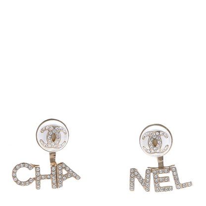 Chanel Pearl Crystal Logo Earrings Gold Pearly White 1 of 5