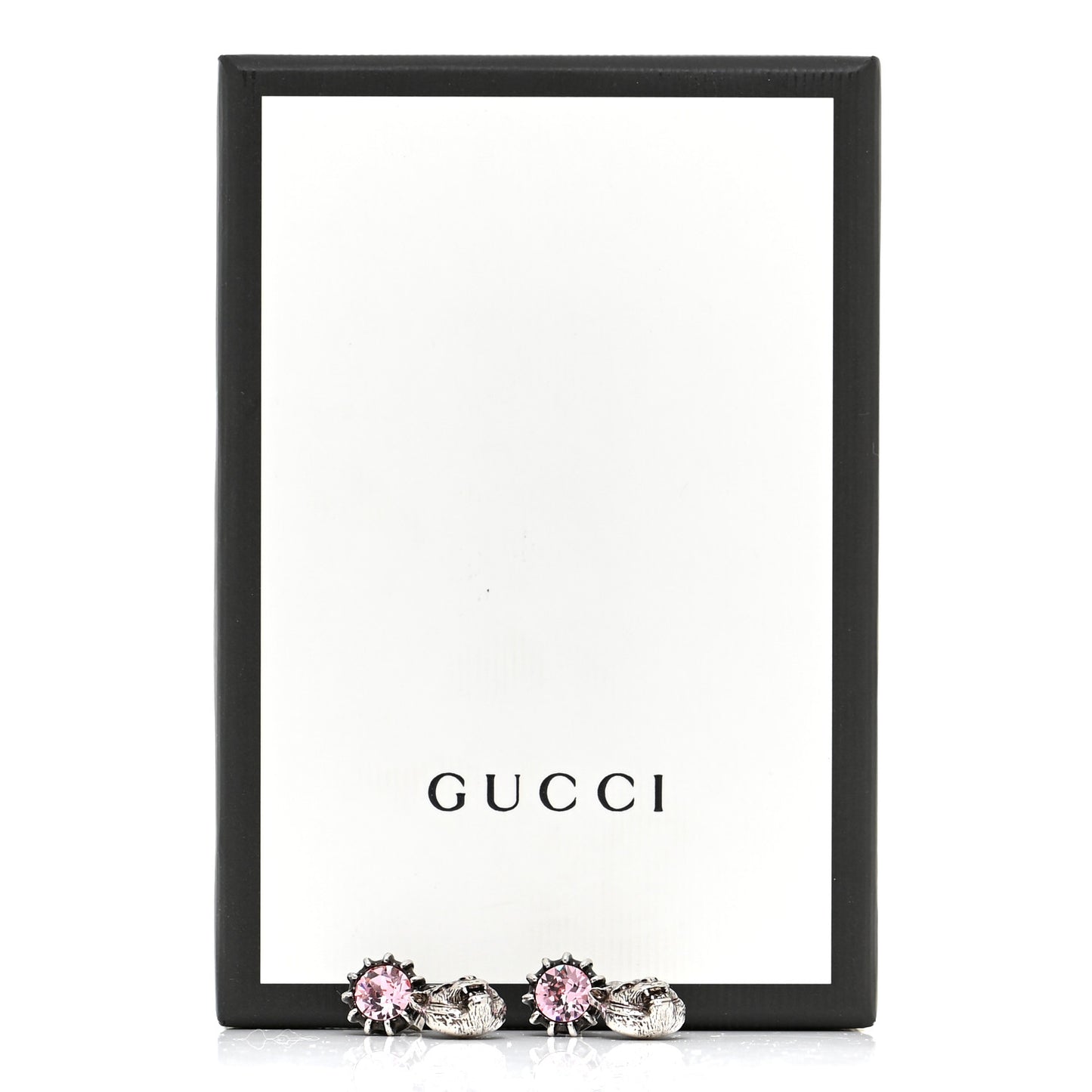 Metal Crystal Feline Earrings Aged Silver Pink