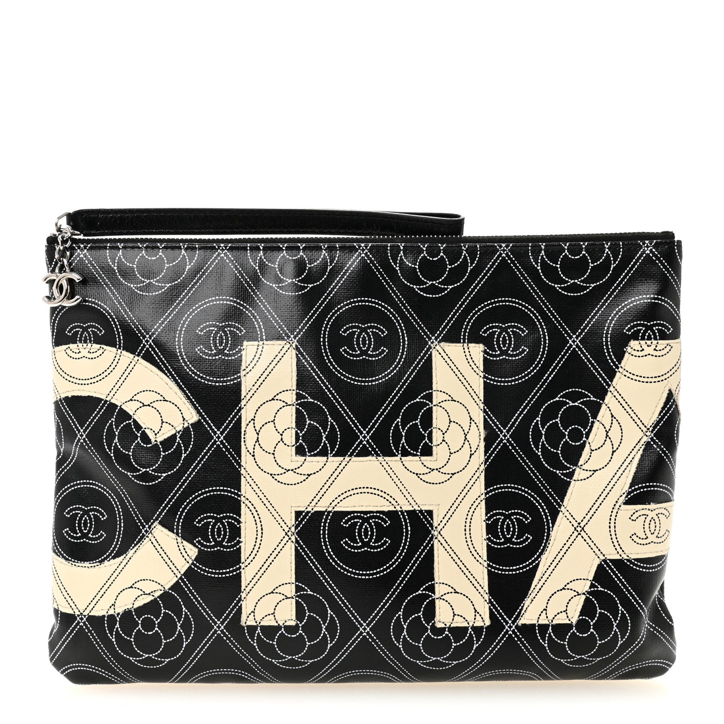 Coated Canvas Calfskin Camellia Printed Pouch Black Beige