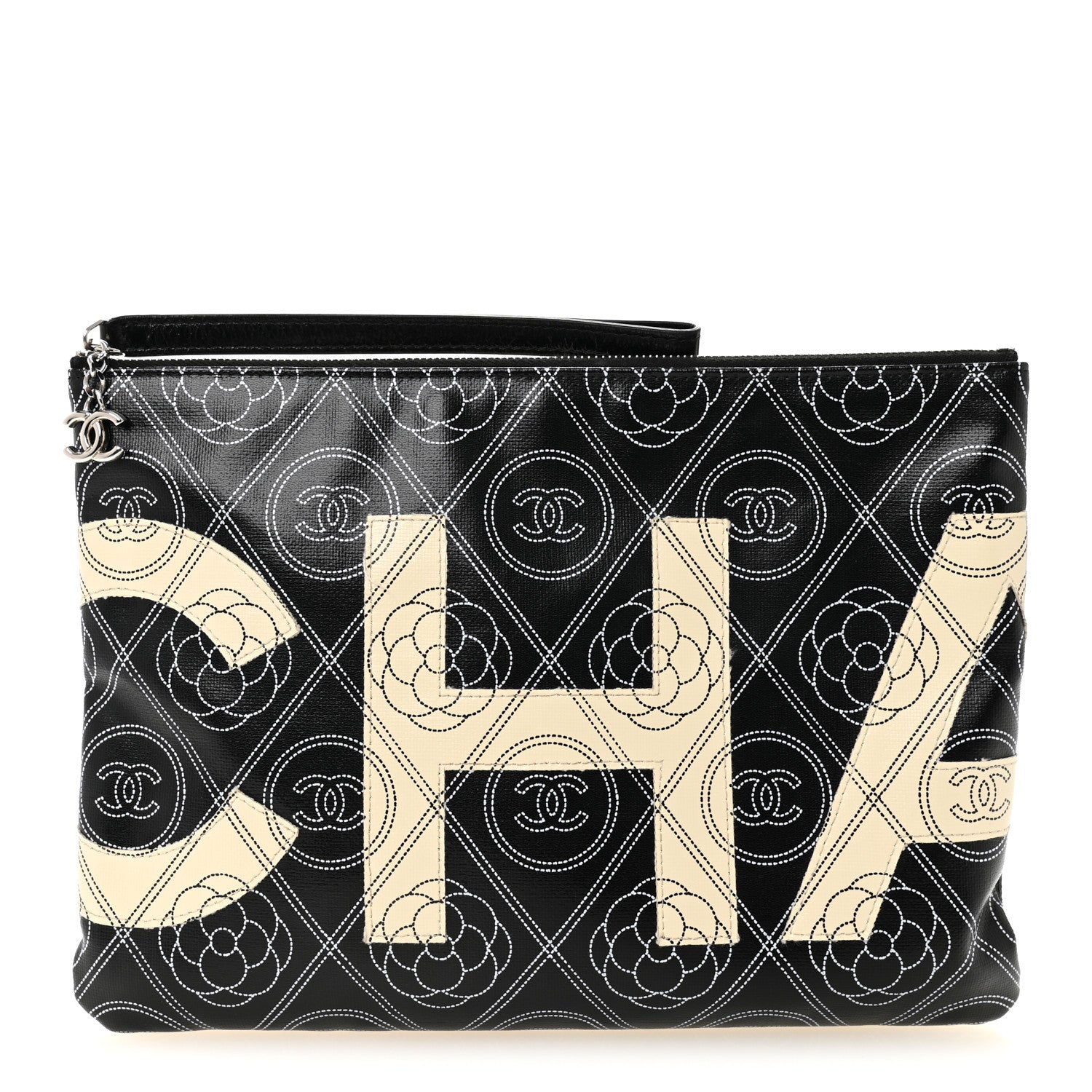 Chanel Coated Canvas Calfskin Camellia Printed Pouch Black Beige 1 of 7