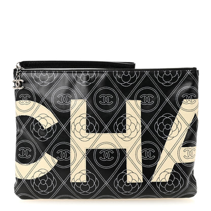 Chanel Coated Canvas Calfskin Camellia Printed Pouch Black Beige 1 of 7