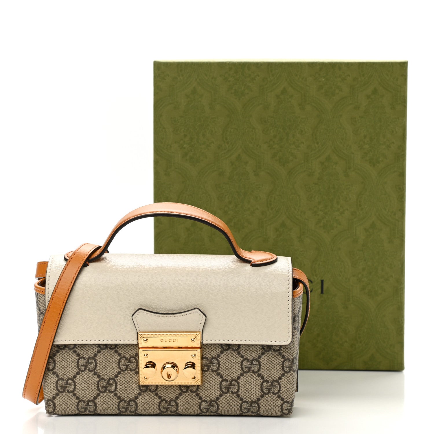 Gucci GG Supreme Monogram New Sakai Calfskin Mini Padlock Top Handle Shoulder Bag Beige Ebony Mystic White Sun Oil 13 of 13