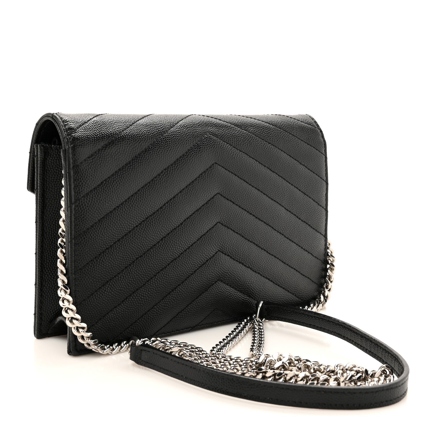 Saint Laurent Grain De Poudre Matelasse Chevron Monogram Envelope Chain Wallet Black 3 of 16