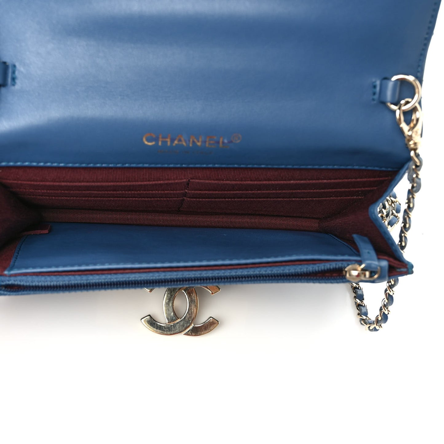 Patent Quilted Golden Class Wallet on Chain WOC Blue
