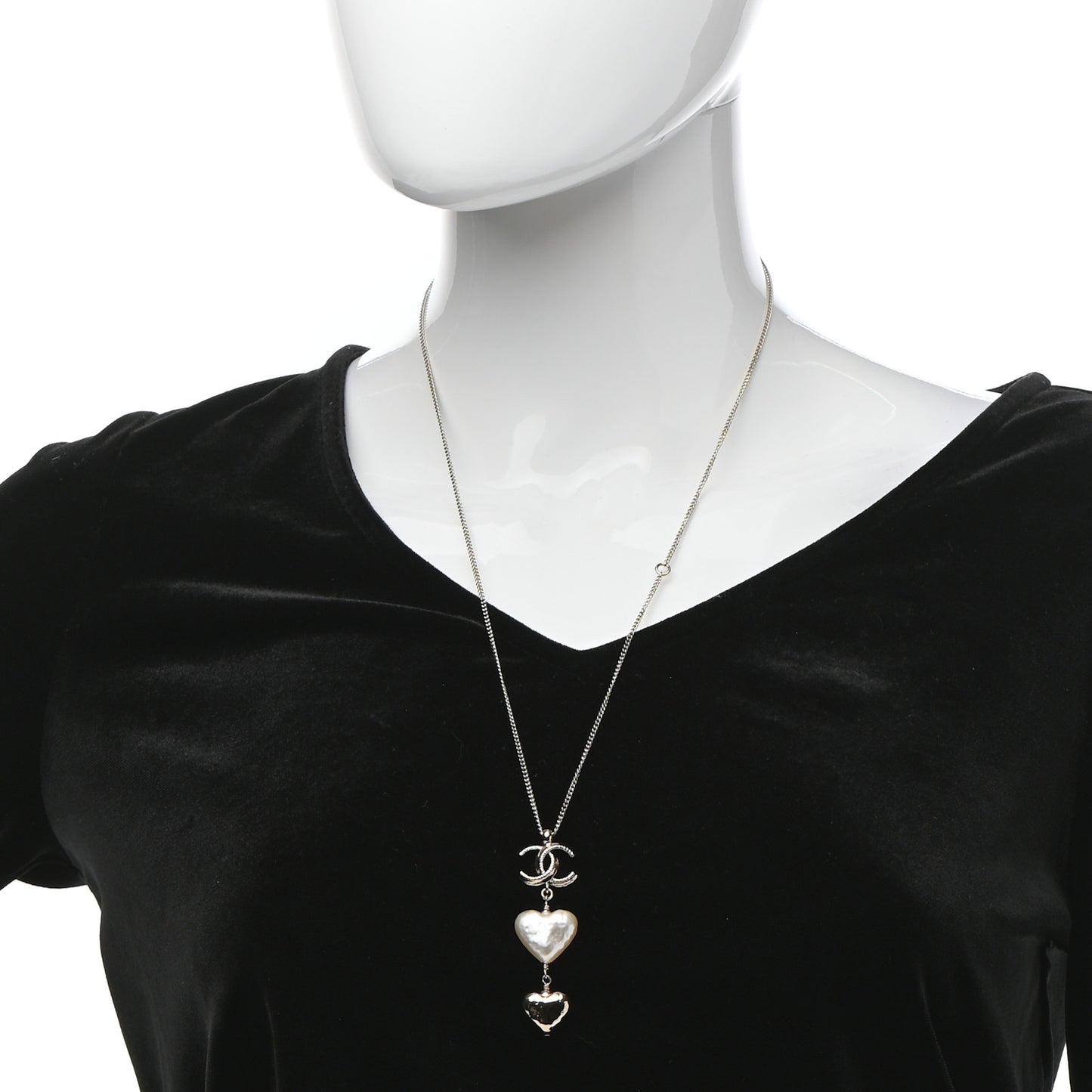 Pearl CC Double Heart Drop Necklace Pearly White Gold