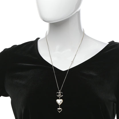 Chanel Pearl CC Double Heart Drop Necklace Pearly White Gold 2 of 4
