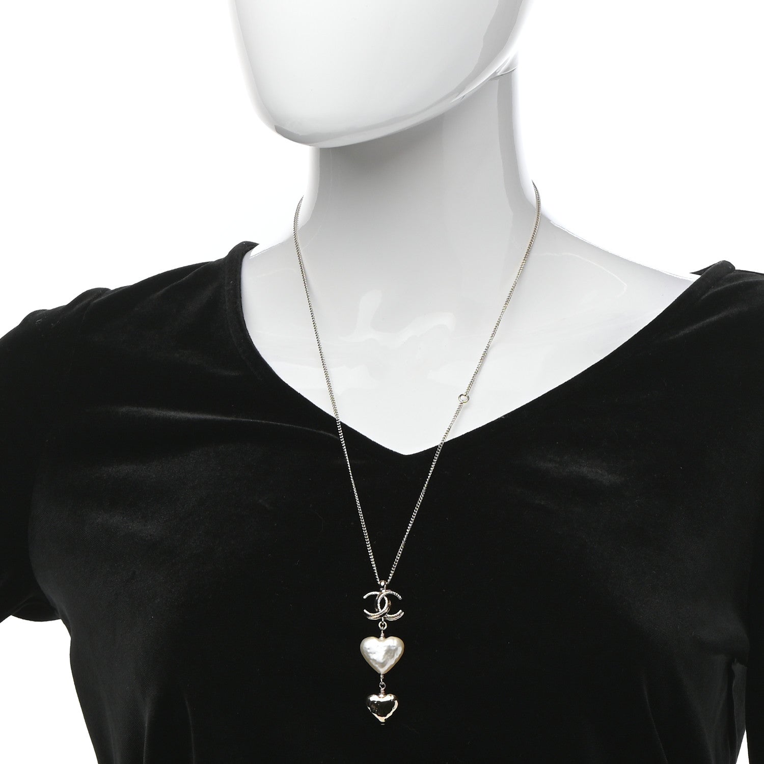 Chanel Pearl CC Double Heart Drop Necklace Pearly White Gold 2 of 4