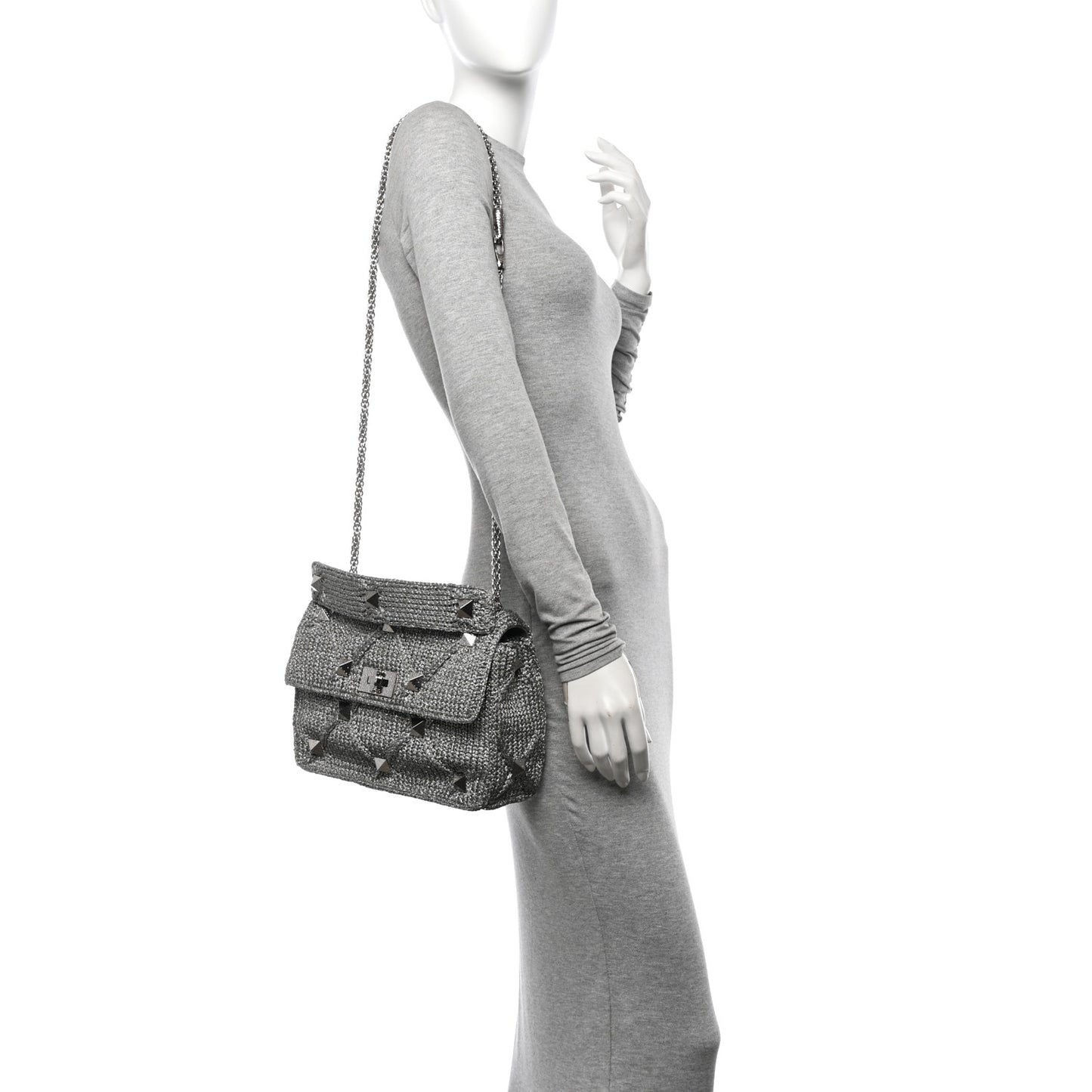 Metallic Lurex Knit Large Roman Stud Shoulder Bag Silver