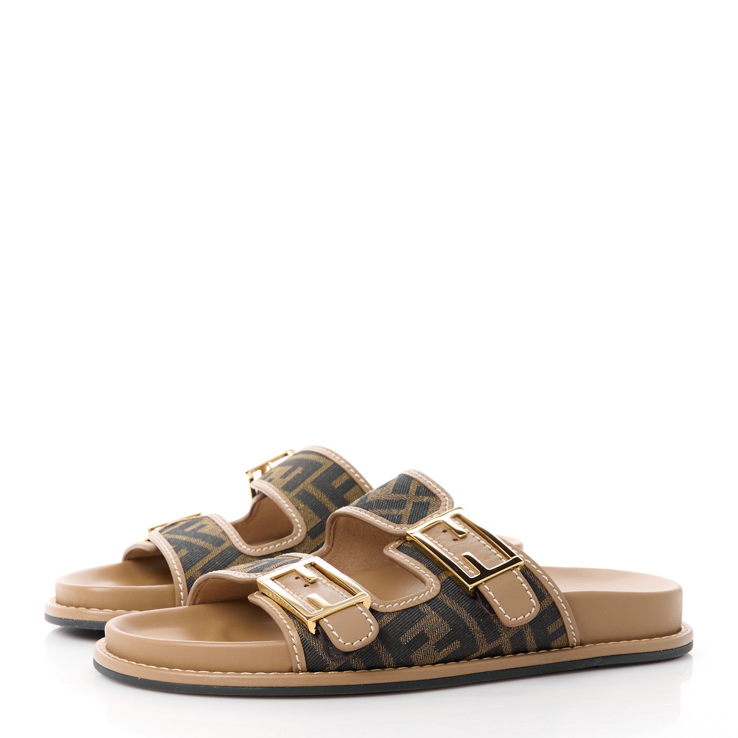 Fendi Fabric Jacquard Nappa FF Womens Fendi Feel Buckled Slide Sandals 35.5 Tobacco Black Miele Scuro 39 3 of 10