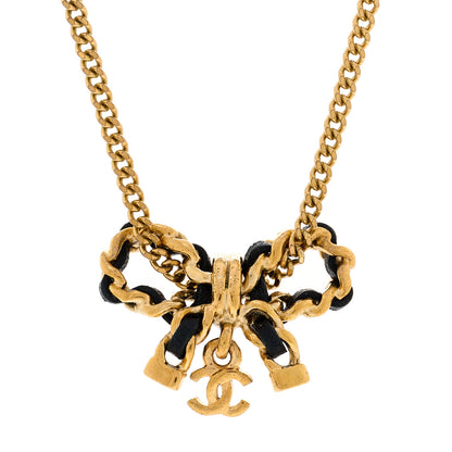 Chanel Metal Lambskin Chain CC Bow Necklace Black Gold 4 of 6