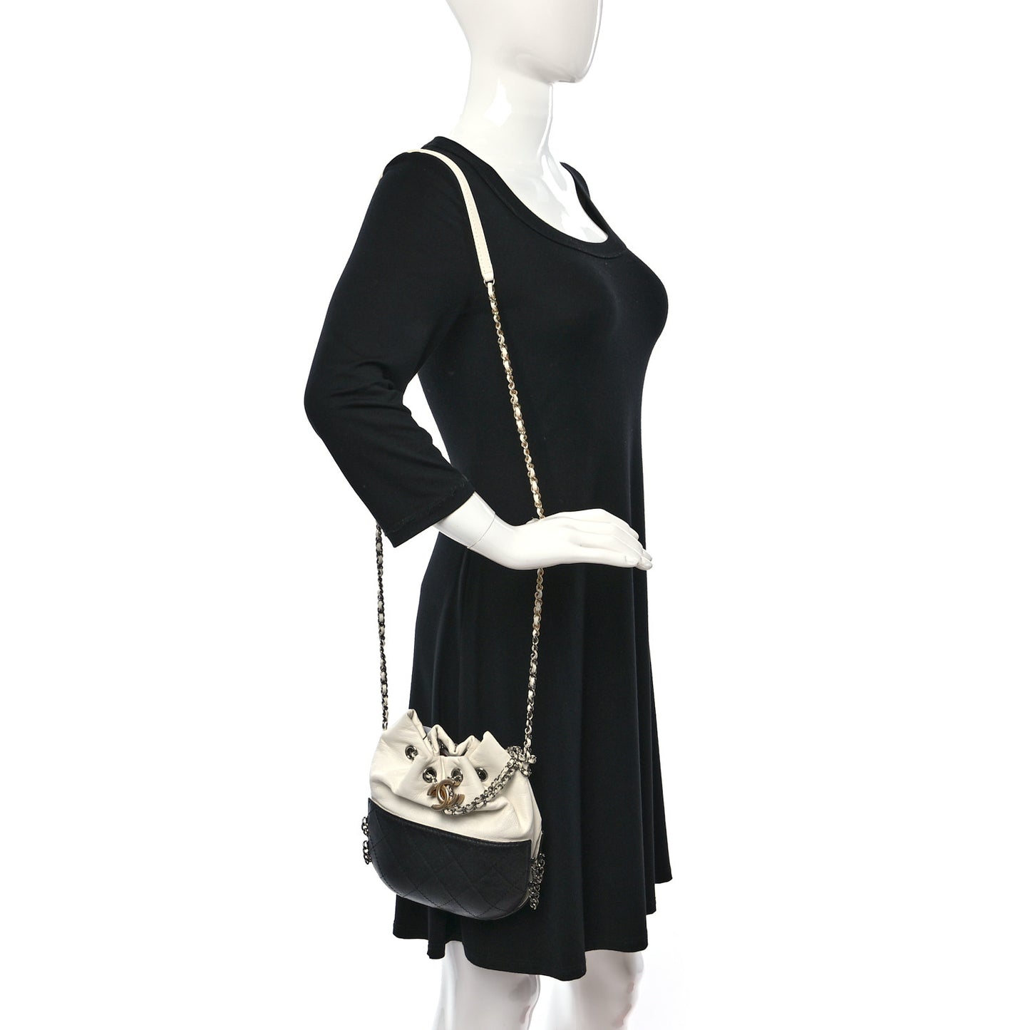 Aged Calfskin Quilted Small Gabrielle Bucket White Black