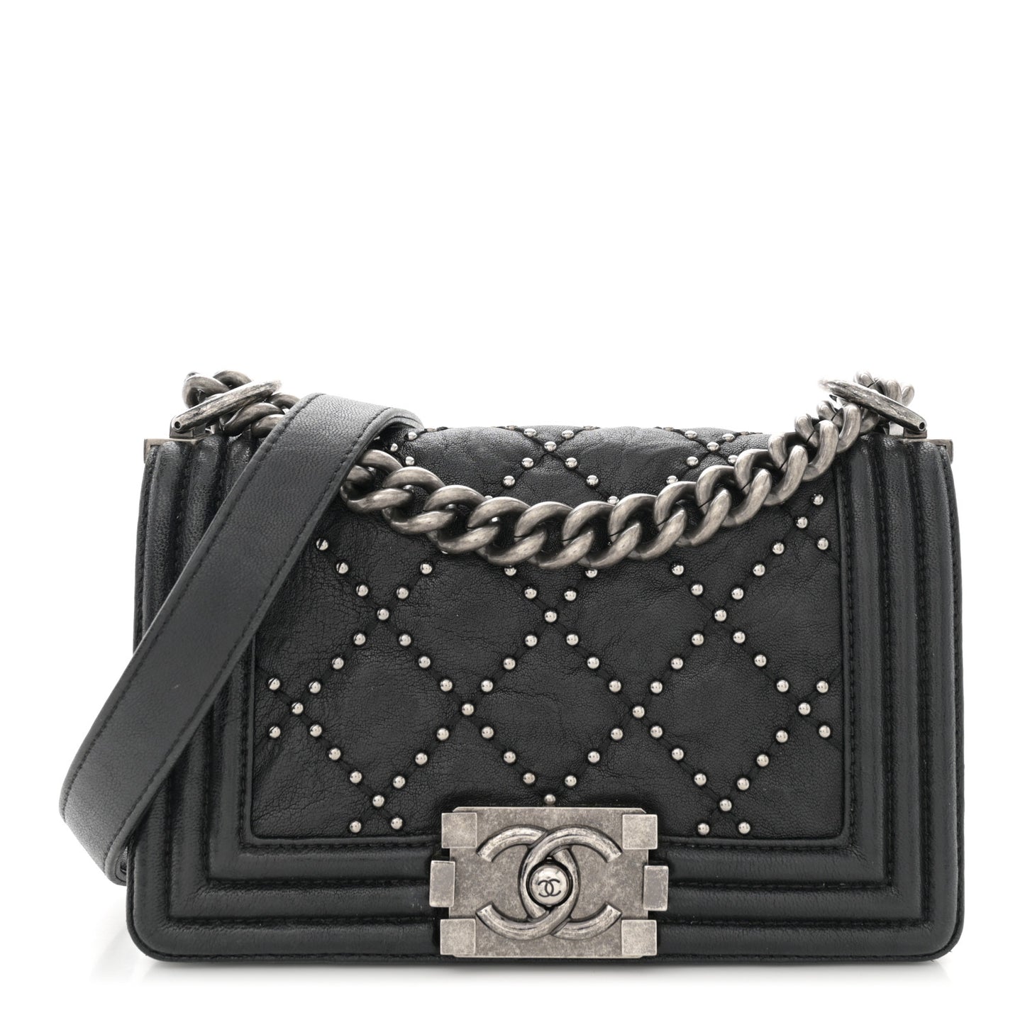 Crumpled Lambskin Small Studded Boy Flap Black