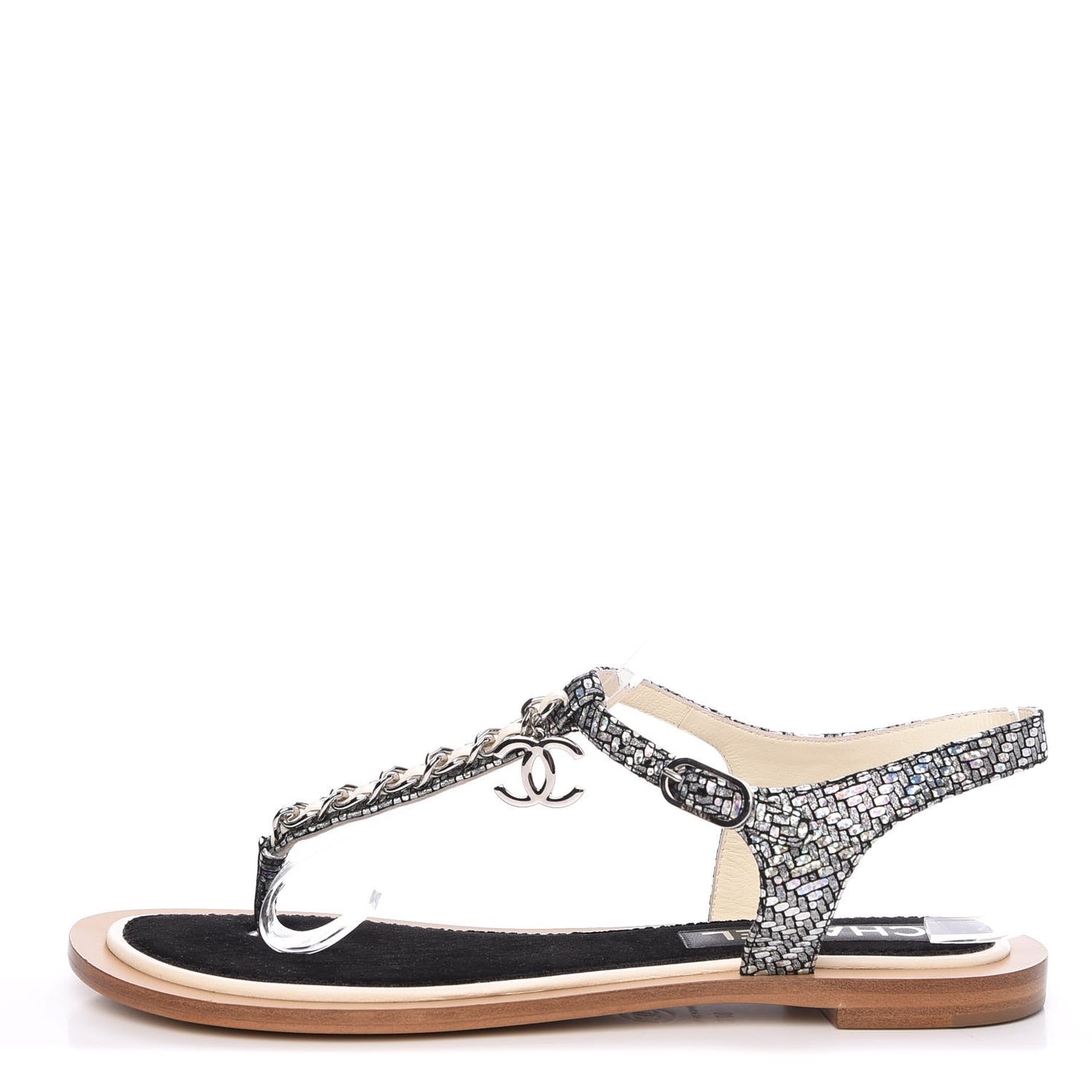 Fantasy Goatskin Velvet CC Chain Thong Sandals 37 Silver Ivory