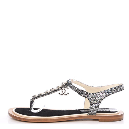 Chanel Fantasy Goatskin Velvet CC Chain Thong Sandals 37 Silver Ivory 1 of 10