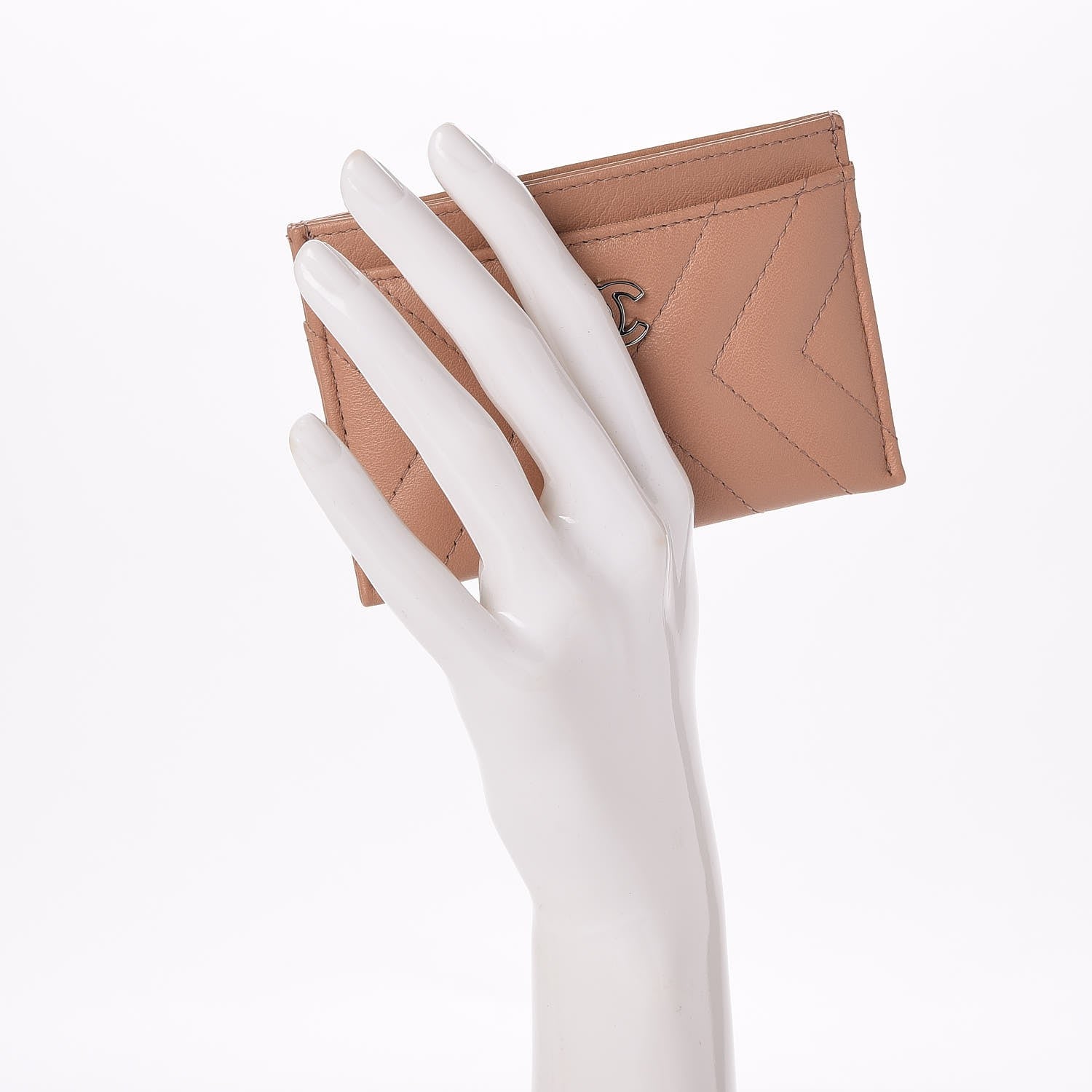 Chanel Calfskin Chevron Quilted Card Holder Beige 2 of 9