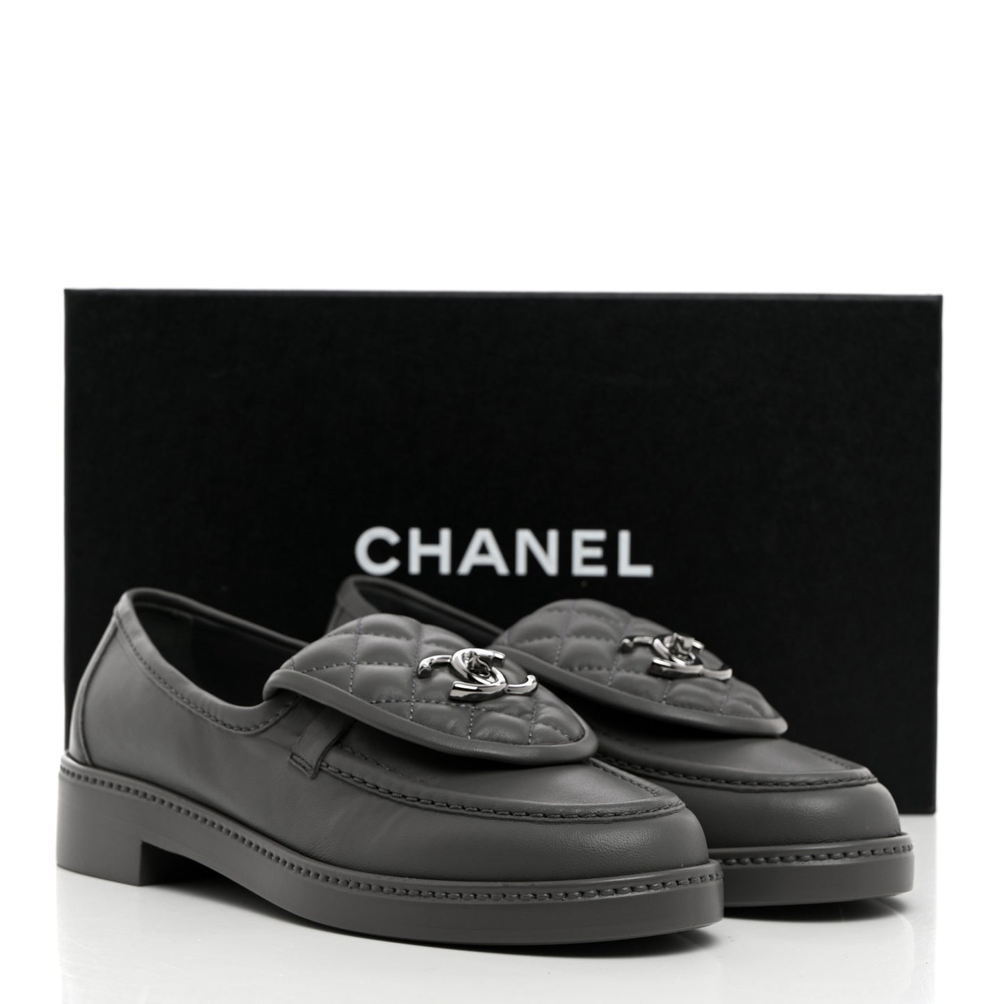 Lambskin Quilted CC Turnlock Loafers 36.5 Grey