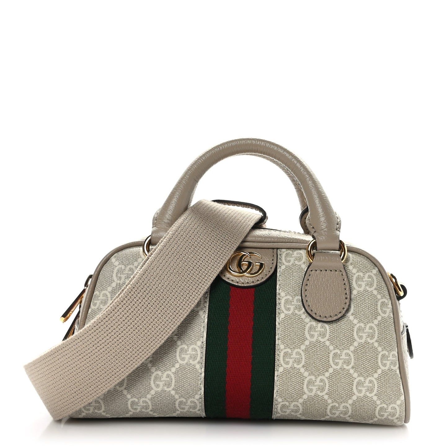 GG Supreme Monogram Textured Dollar Calfskin Web Mini Ophidia Top Handle Bowler Bag Beige Mystic White Oatmeal