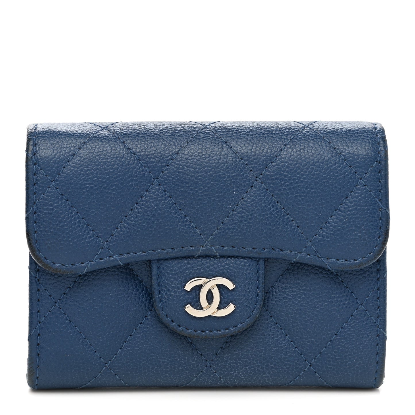 Caviar Quilted Flap Card Holder Wallet Navy