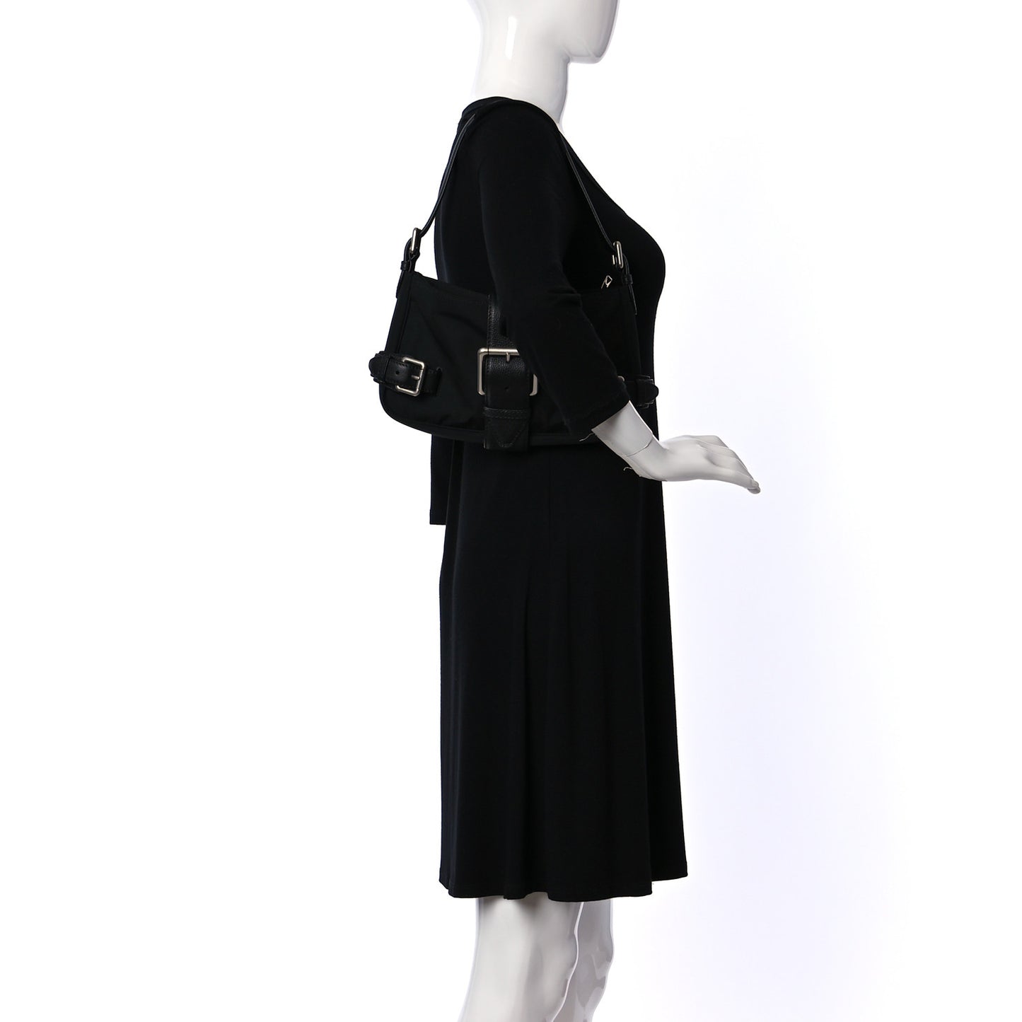 Nylon Grained Calfskin Mini Buckle Shoulder Bag Black