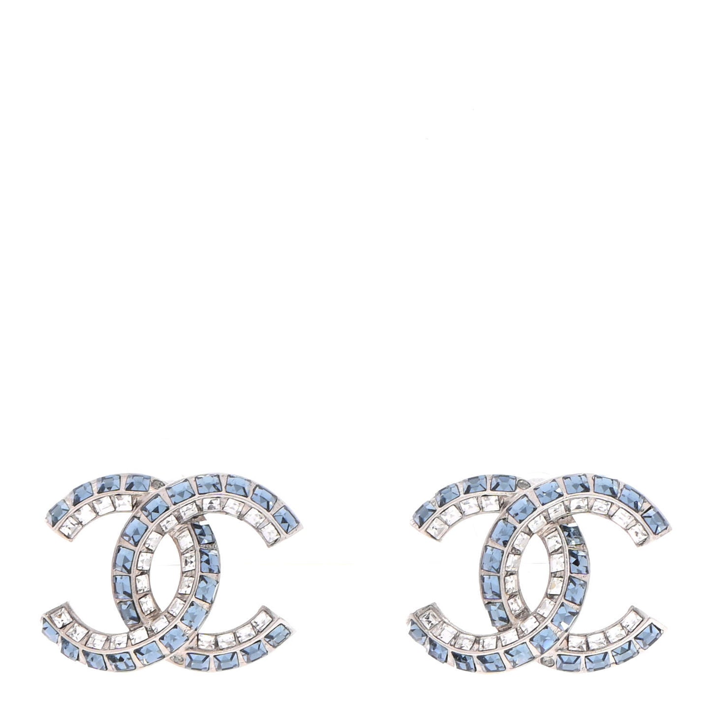Metal Baguette Crystal CC Earrings Silver Blue