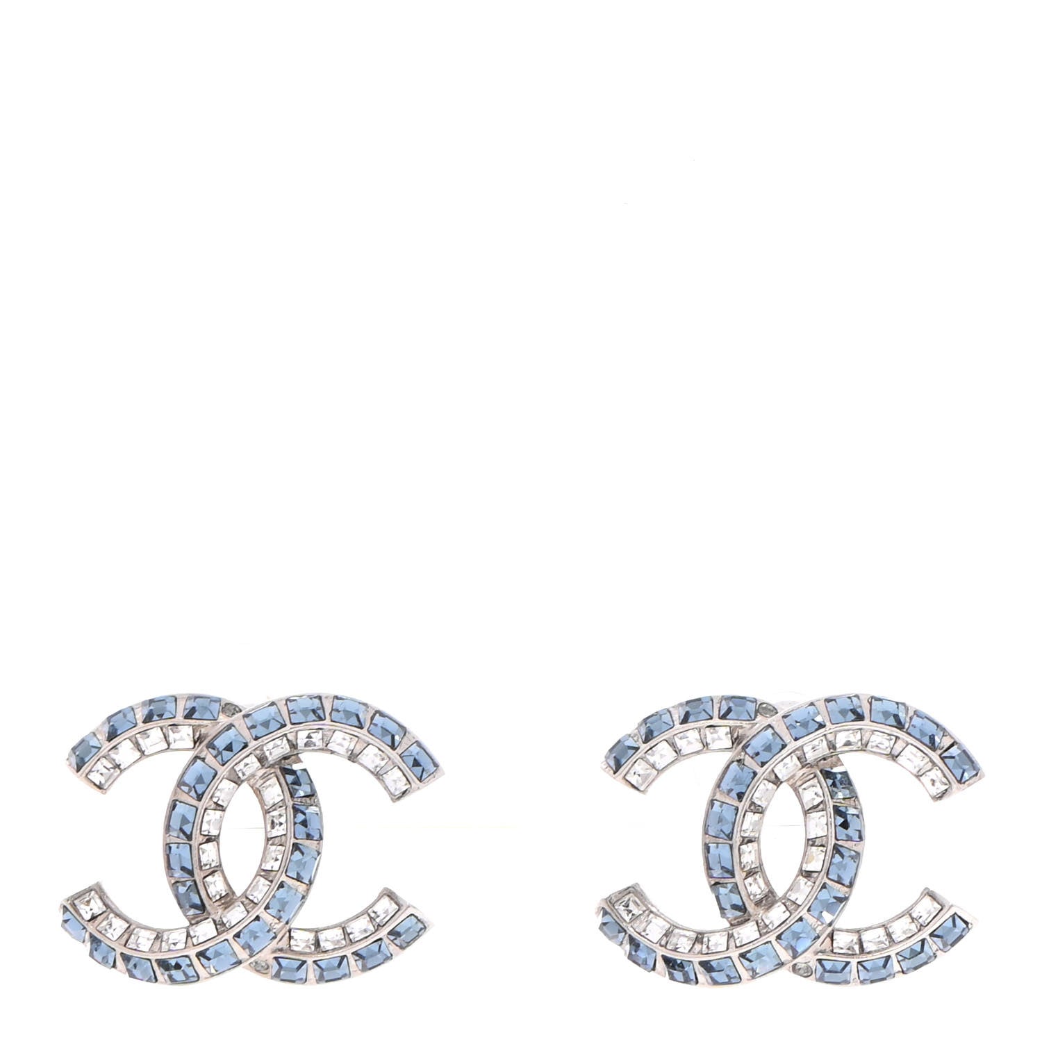 Chanel Metal Baguette Crystal CC Earrings Silver Blue 1 of 4