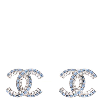 Chanel Metal Baguette Crystal CC Earrings Silver Blue 1 of 4