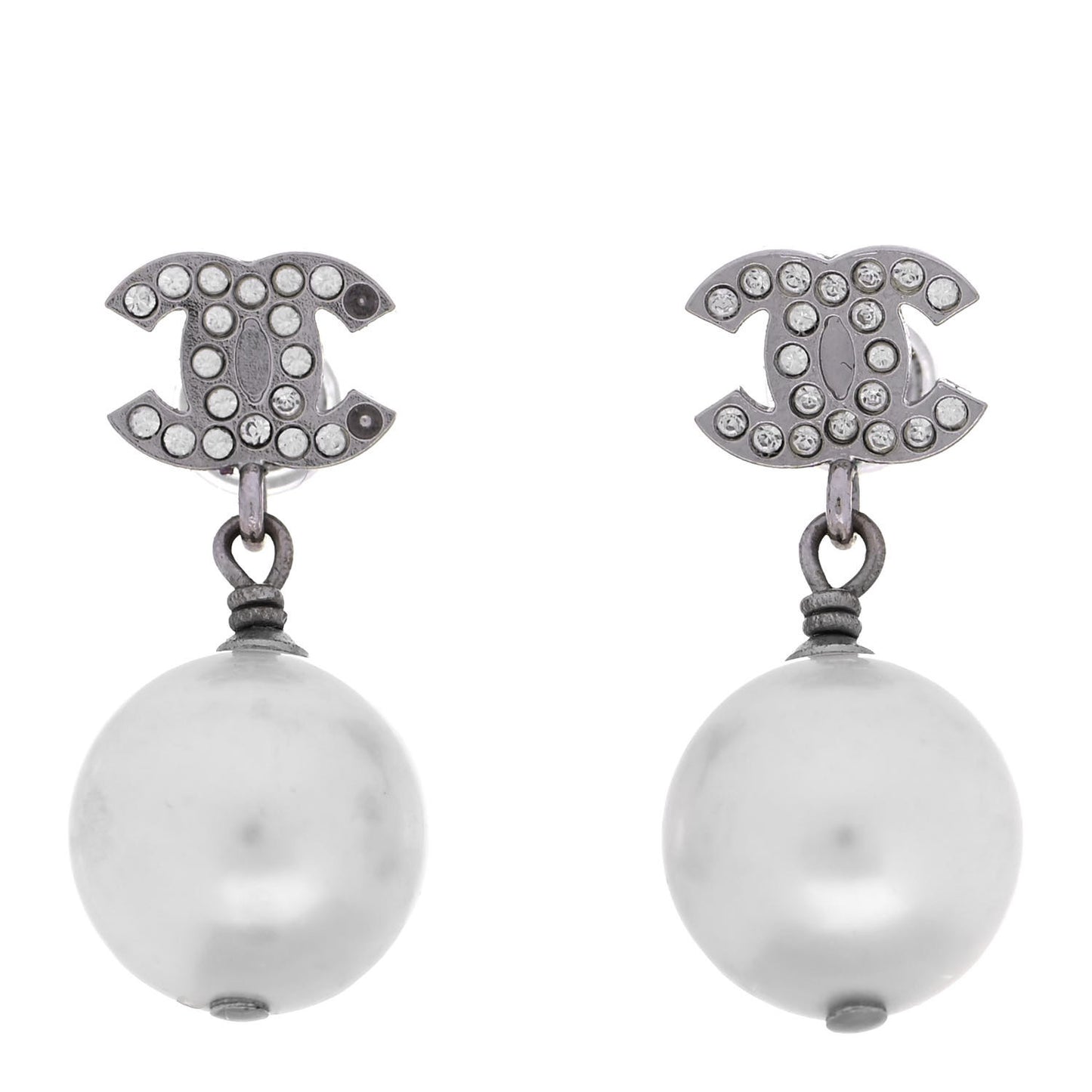 Crystal Pearl CC Drop Earrings Silver
