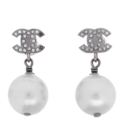 Chanel Crystal Pearl CC Drop Earrings Silver 1 of 4