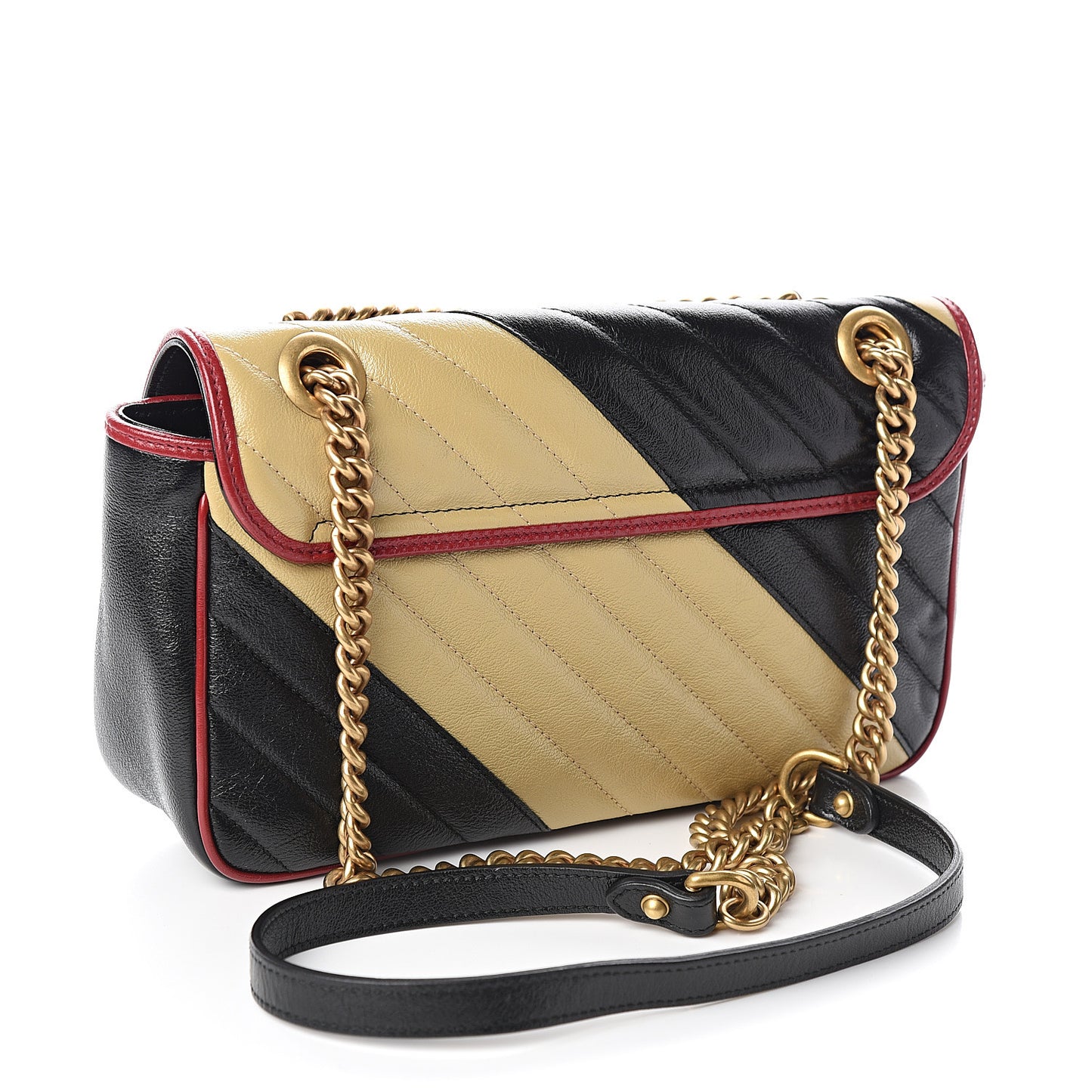 Vintage Effect Calfskin Matelasse Diagonal Striped Small Torchon GG Marmont Shoulder Bag Black Beige