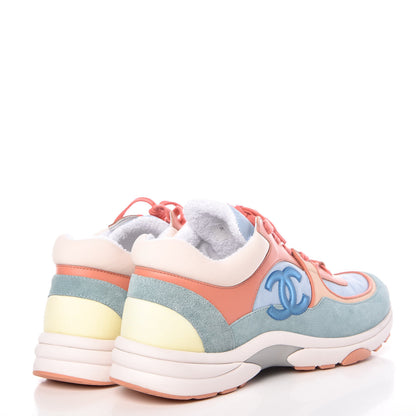 Chanel Nylon Lambskin Suede Calfskin CC Sneakers 40 Coral Light Blue White 4 of 11