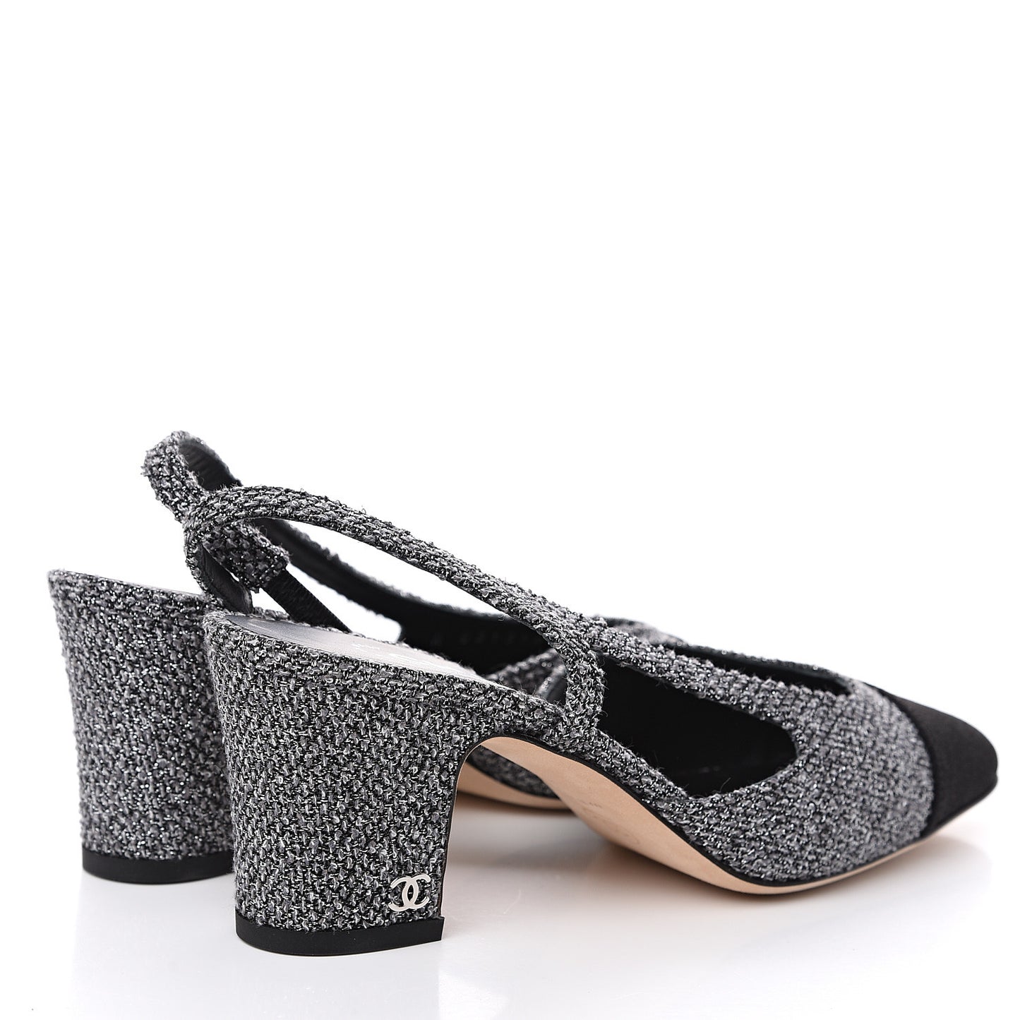 Tweed Cap Toe CC Slingback Pumps 36 Black Grey