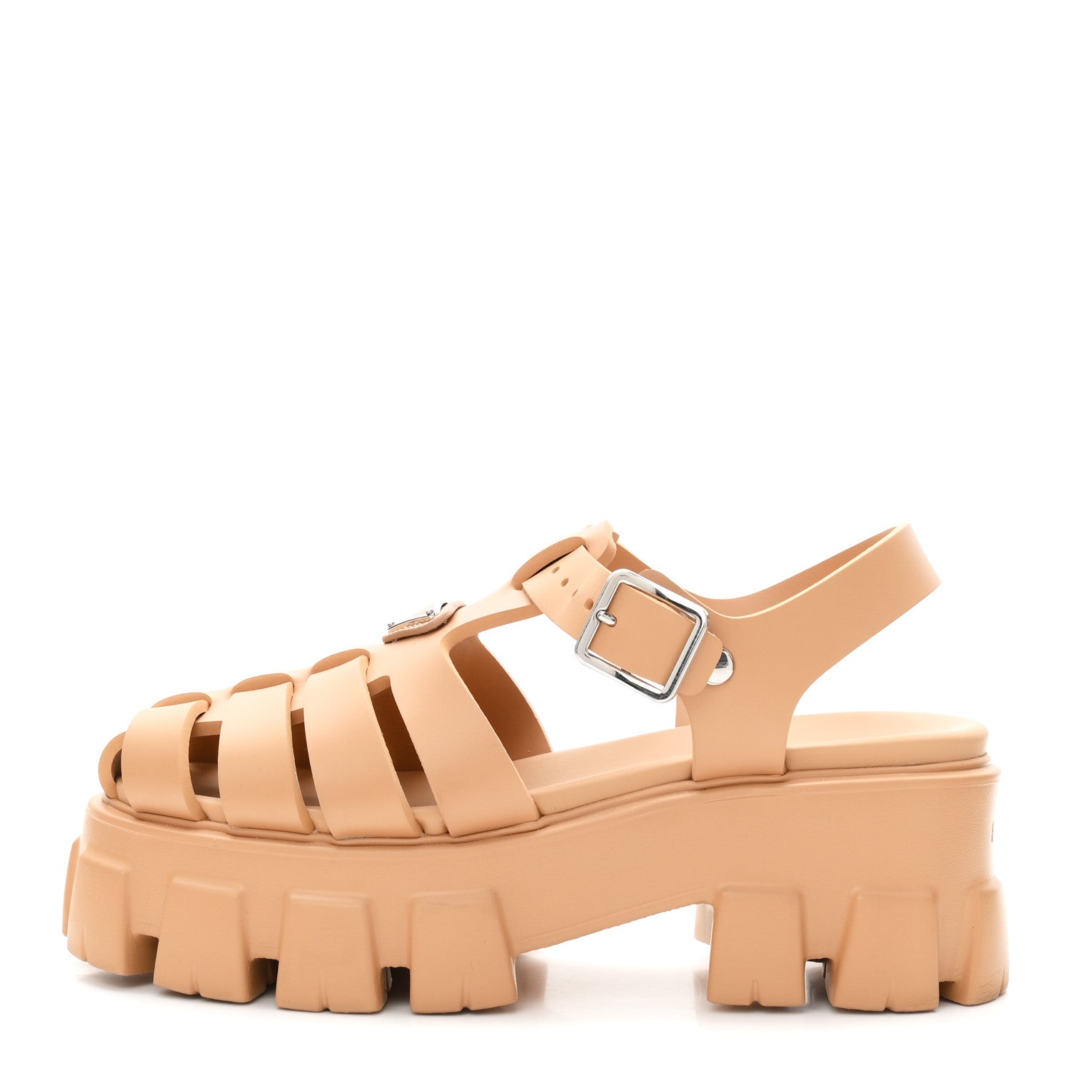 Prada Foam Rubber Metal Triangle Logo Monolith 55mm Cage Sandals 37 Barley 1 of 9