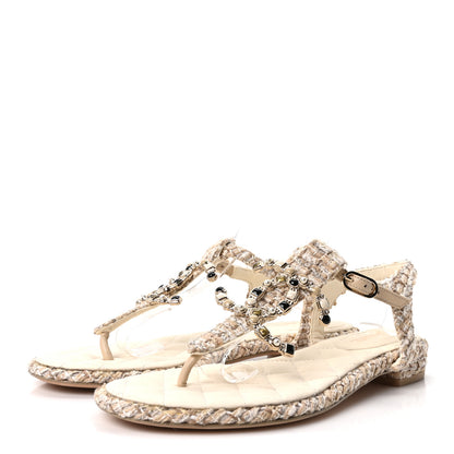 Chanel Tweed Pearl CC Thong Sandals 39 Ivory 4 of 9