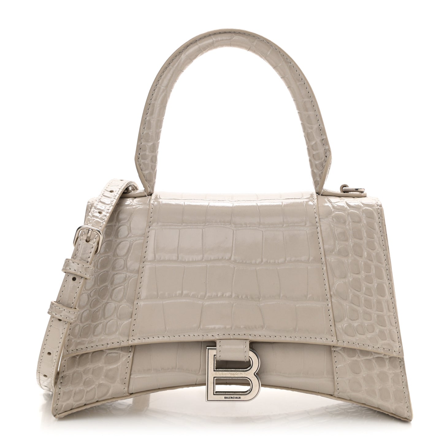 Shiny Calfskin Crocodile Embossed Small Hourglass Top Handle Bag Cold Beige