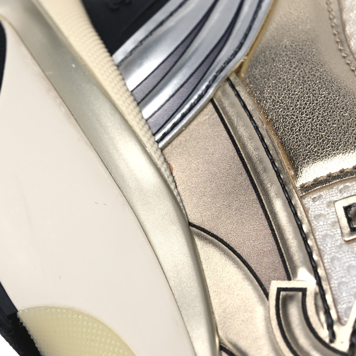 Chanel Fabric Laminated Calfskin Stretch CC Womens Sneakers 37.5 White Gold Silver 11 of 14