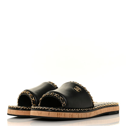 Chanel Lambskin Chain Cork Slide Sandals 39 Black 3 of 9