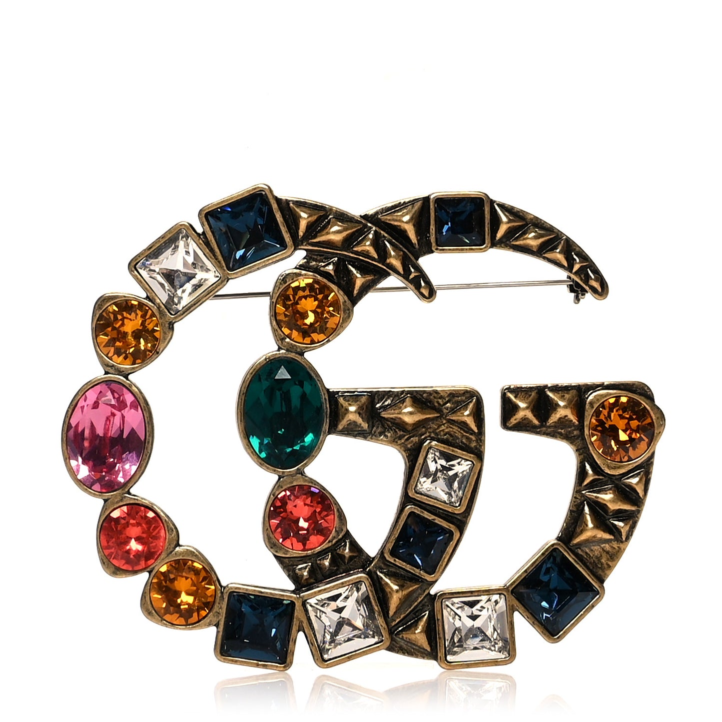 Metal Crystal Double G Brooch Aged Gold Multicolor