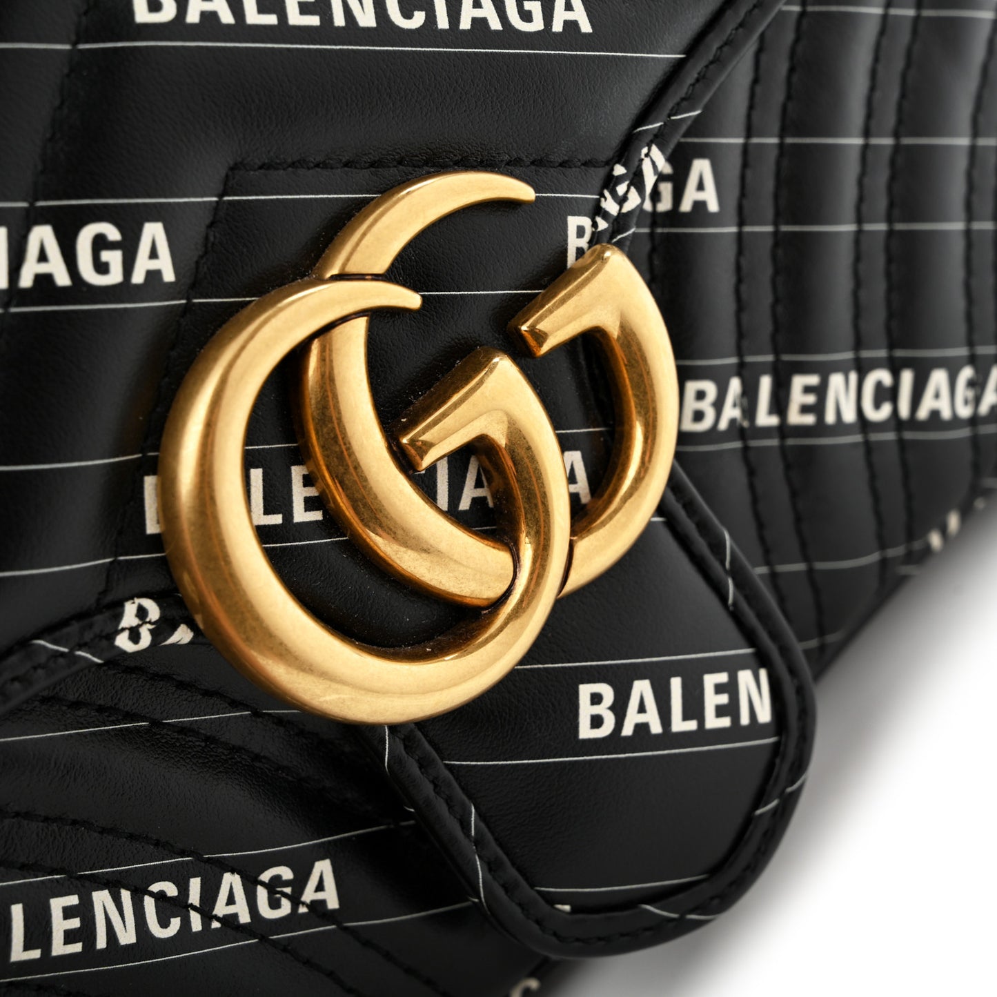 X BALENCIAGA Calfskin Matelasse Logo Print Small GG Marmont Shoulder Bag Black