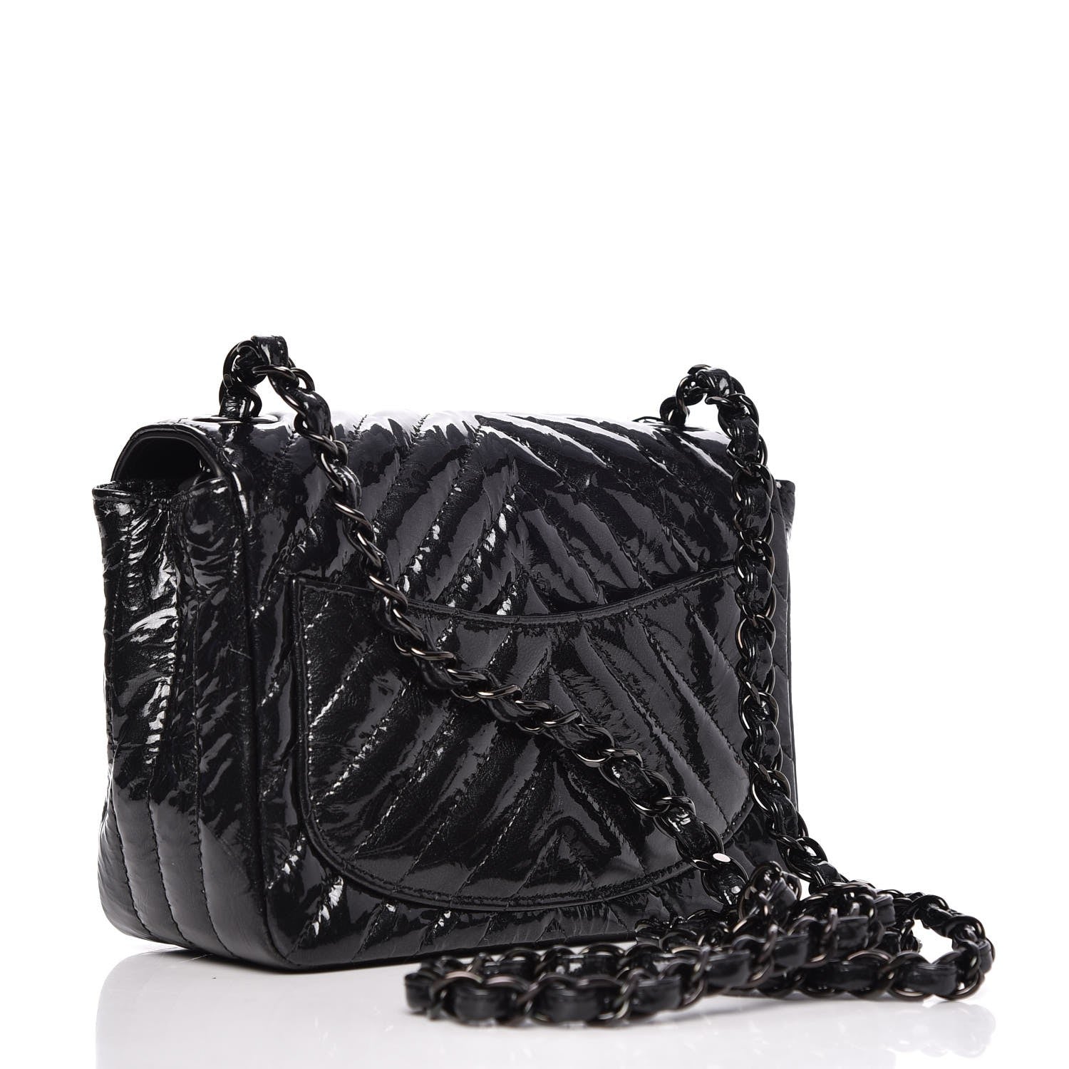 Chanel Metallic Patent Crumpled Calfskin Chevron Quilted Mini Square Flap Black 3 of 7